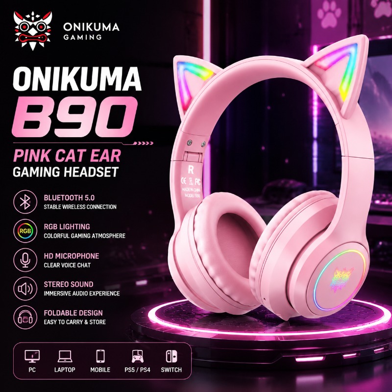 Wired Earphone Mic - Onikuma B90 Pembe Kedi Kulaklı Oyun